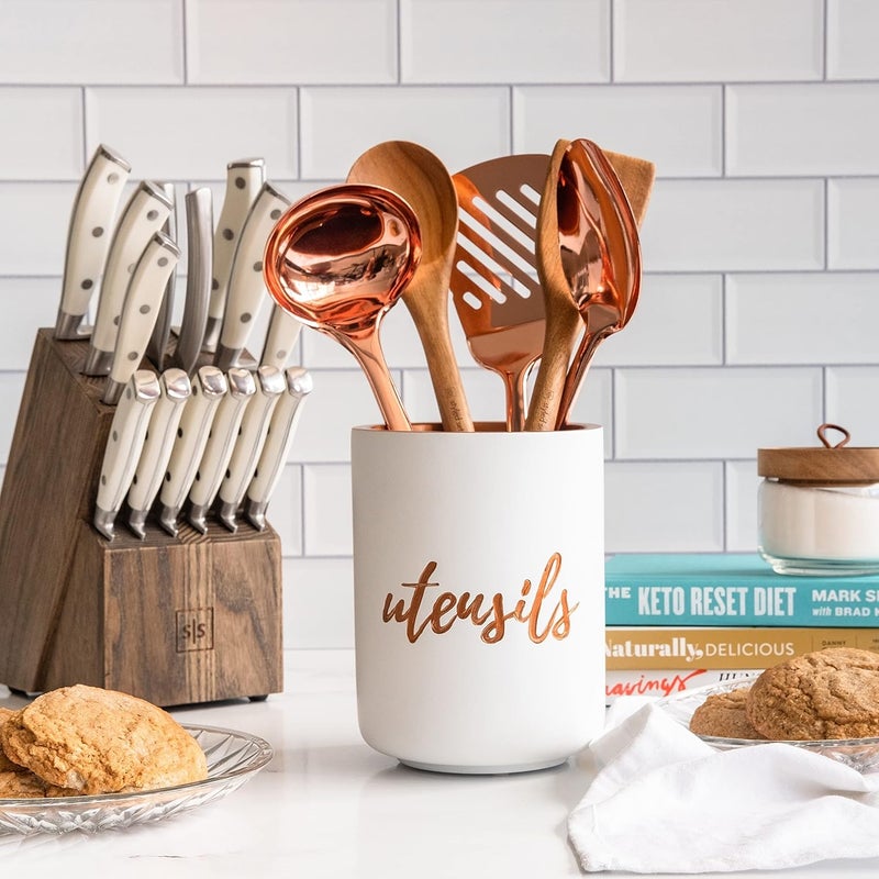 styled settings White Ceramic Utensil Holder with Interior Copper Finish - Large and Sturdy Spatula Holder - Rose Gold Kitchen Accessories, Stylish Countertop Utensil Organizer - Image 4